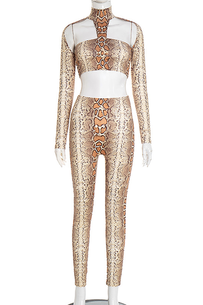 Snake Pattern High Neck Cutout Crop Top Skinny Pants 2pcs Set-Beige