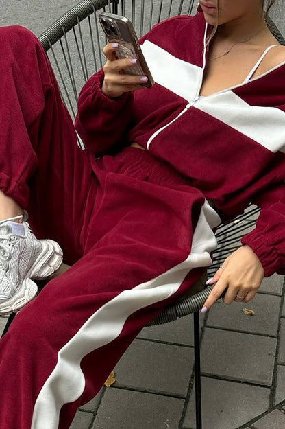 Colorblock Long Sleeve Track Jacket Casual Pants Matching Set-Brown
