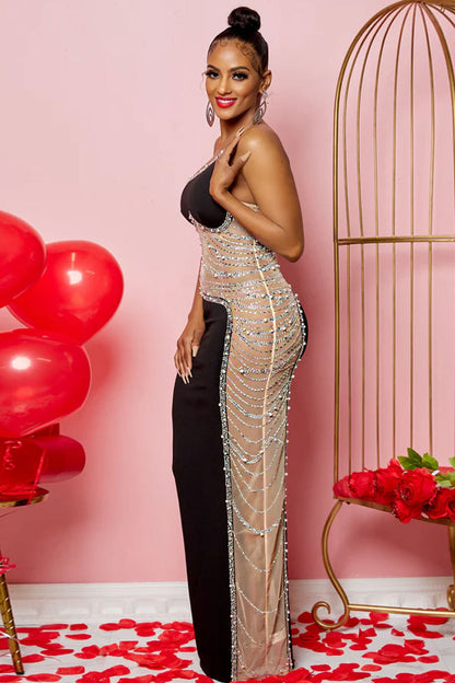 Pearls Rhinestone See-Through One Shoulder Mesh Cami Slit Party Maxi Dress