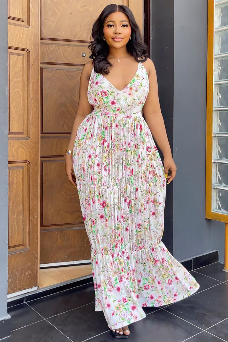 Ditsy Floral Print Pleated V Neck Boho Slip Maxi Dresses