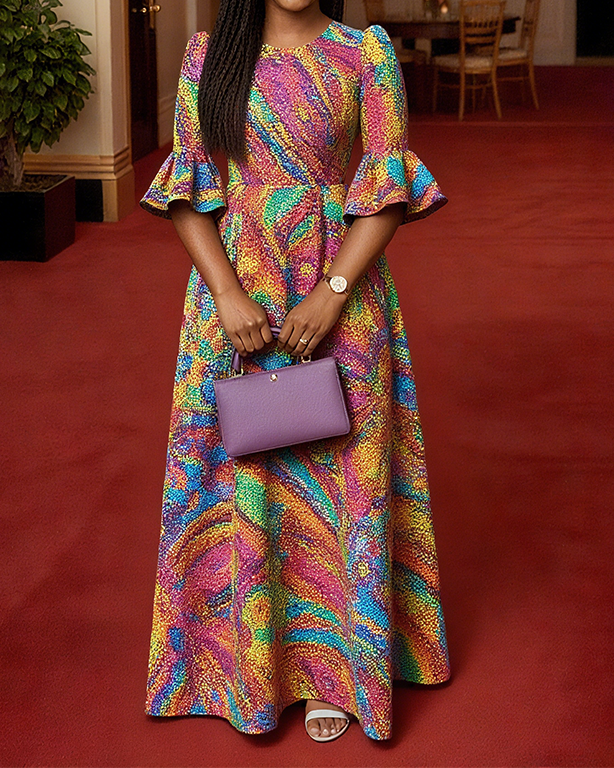 Women Fashion Elegant Formal Round Neck 3/4 Sleeves Pattern Maxi Dress