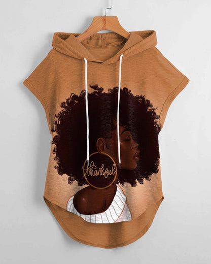 Thankful Afro Girl High Low Hem Drawstring Hooded Tee