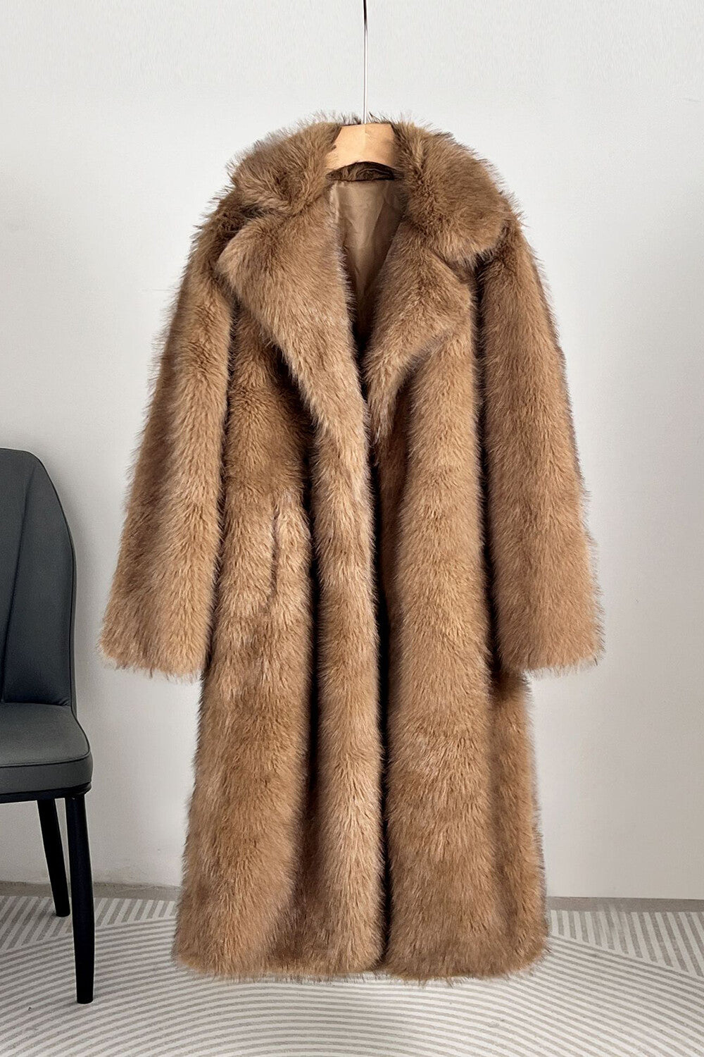 Faux Fur Turndown Collar Long Sleeve Fuzzy Overcoat-Camel