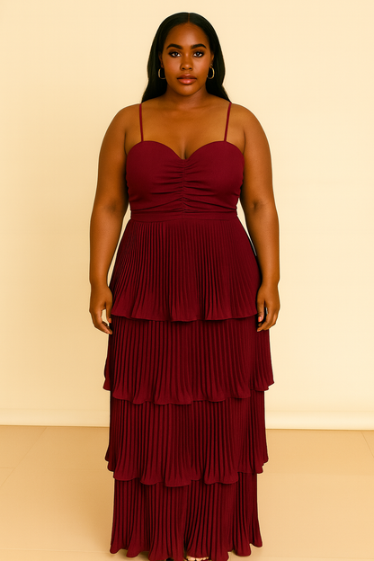 Tube Top Cinched Waist Laminated Pleated Dress