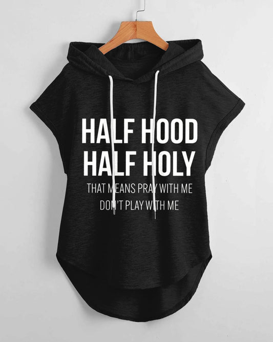 Half Hood Half Holy Hem Drawstring Hooded Tee