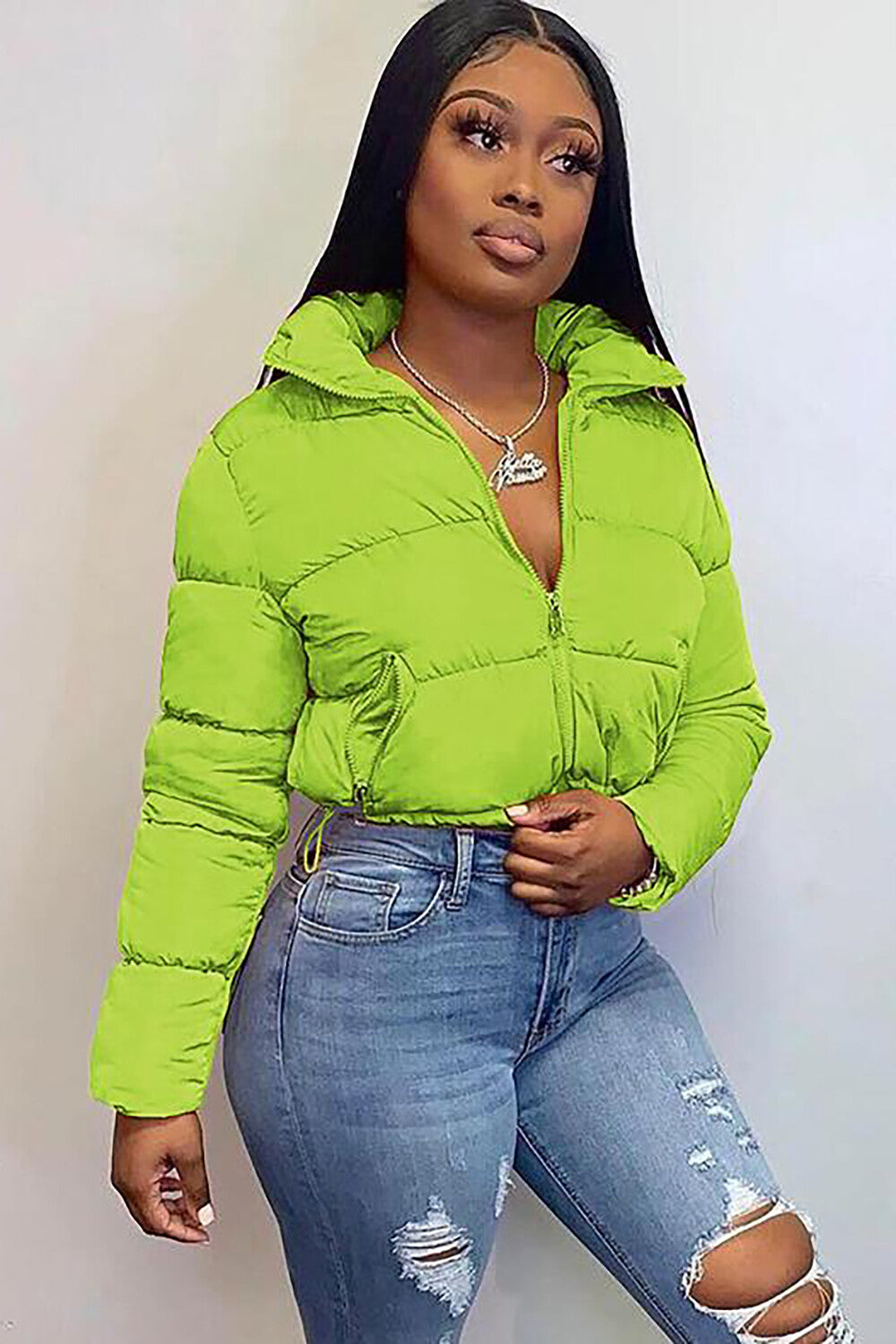 Turndown Collar Long Sleeve Zip-Up Solid Color Crop Down Coat-Orange