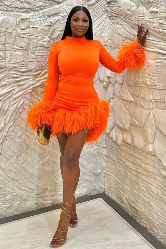 Feather Patchwork Long Sleeve Bodycon Mini Dresses-Orange [Pre Order]