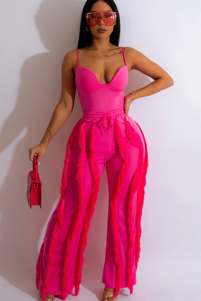 Asymmetric Neck Cami Top Fringed Drawstring Straight Leg Pants Matching Set