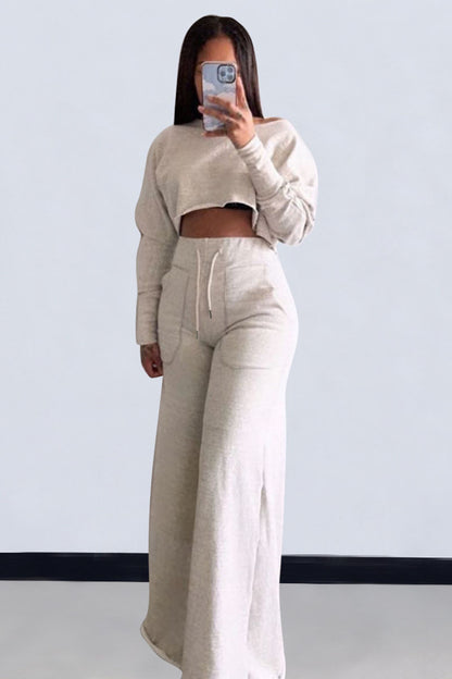 Plain Long Sleeve Crop Sweatshirt Pocket Wide Leg Pants Matching Set-Grey