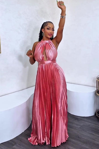 Keyhole Halter Backless Allover Pleated Party Maxi Dresses-Pink [Pre Order]