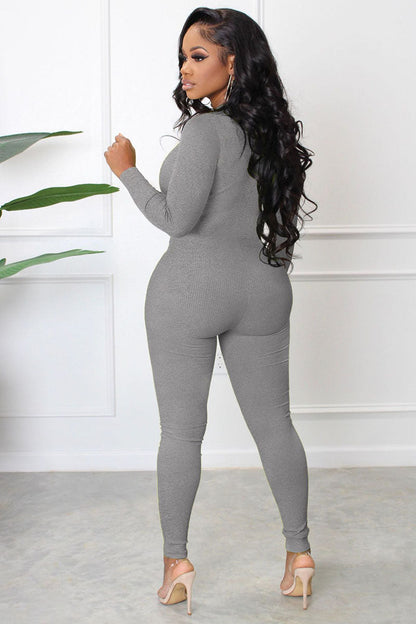 Knit Bodycon Long Sleeve Zipper Sporty Jumpsuit