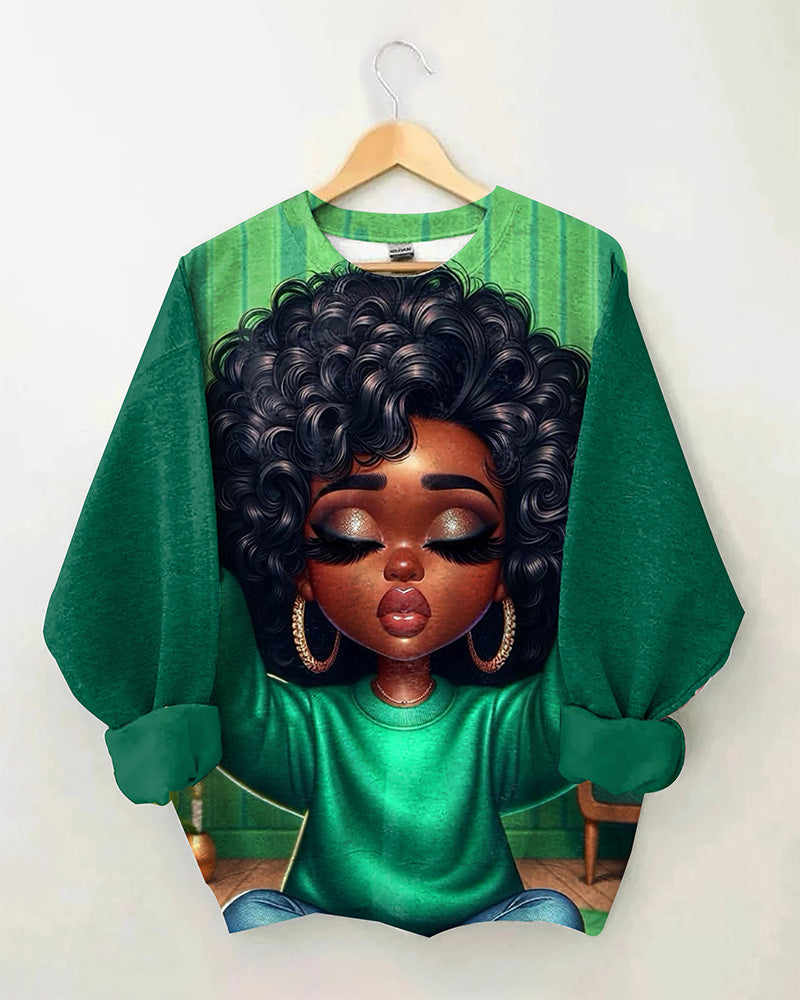 Curly Hair Pretty Black Girl Crewneck Long Sleeve Sweatshirt