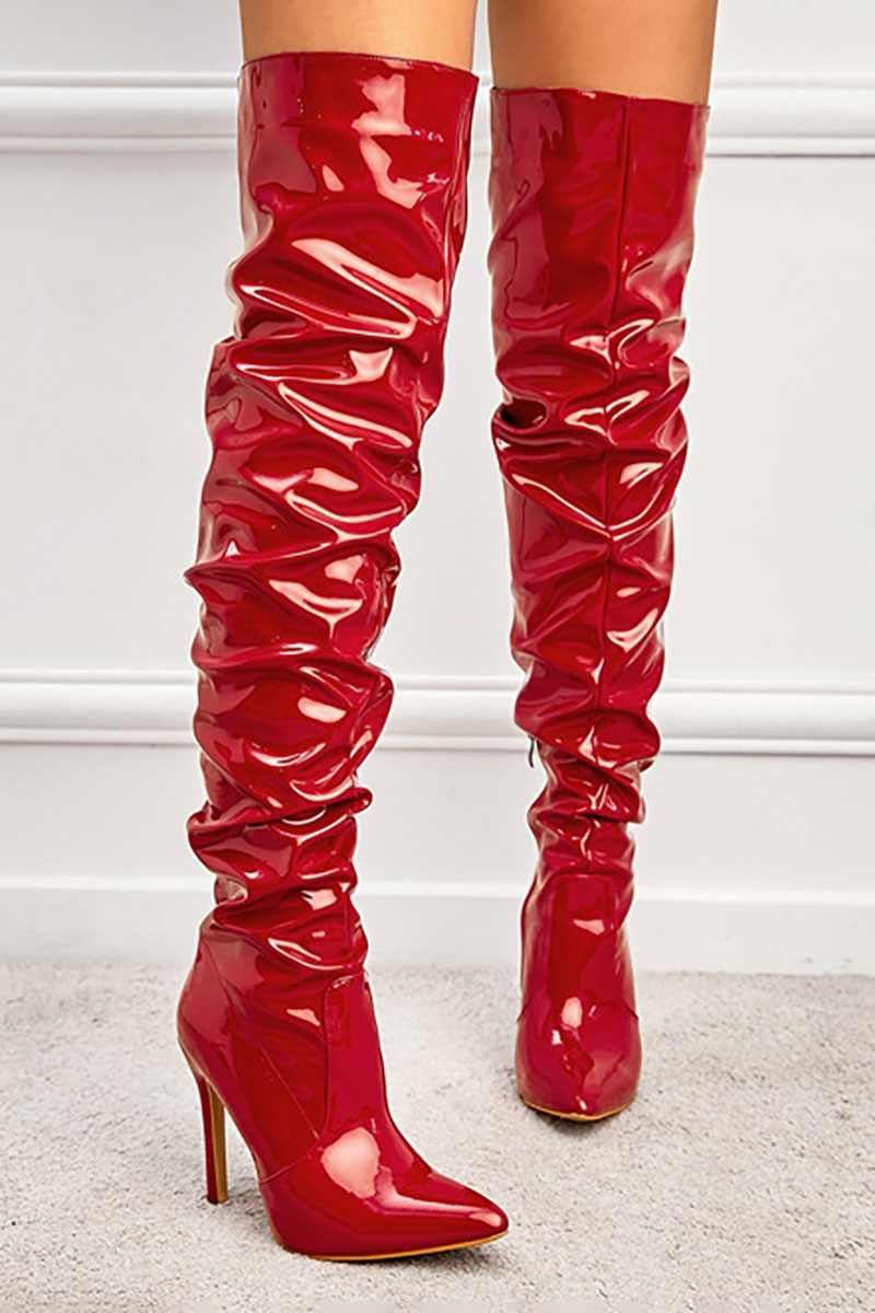 PU Leather Pointy Toe Ruched Thigh-High Boots-Black