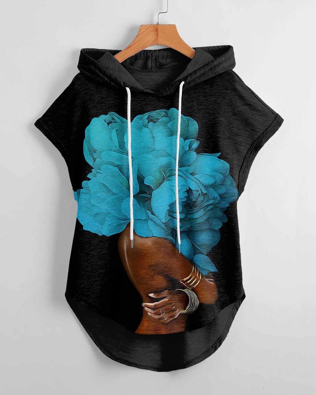 Blue Flower Art High Low Hem Drawstring Hooded Tee