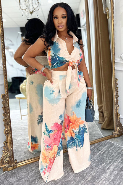 Floral Placement Print Knotted Top Wide Leg Pants 2pcs Set-Beige [Pre Order]