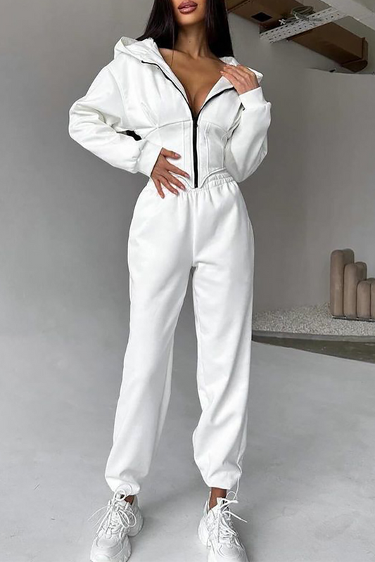 Zip-Up Cinch Waist Hooded Track Jacket Solid Color Pants 2pcs Set-White