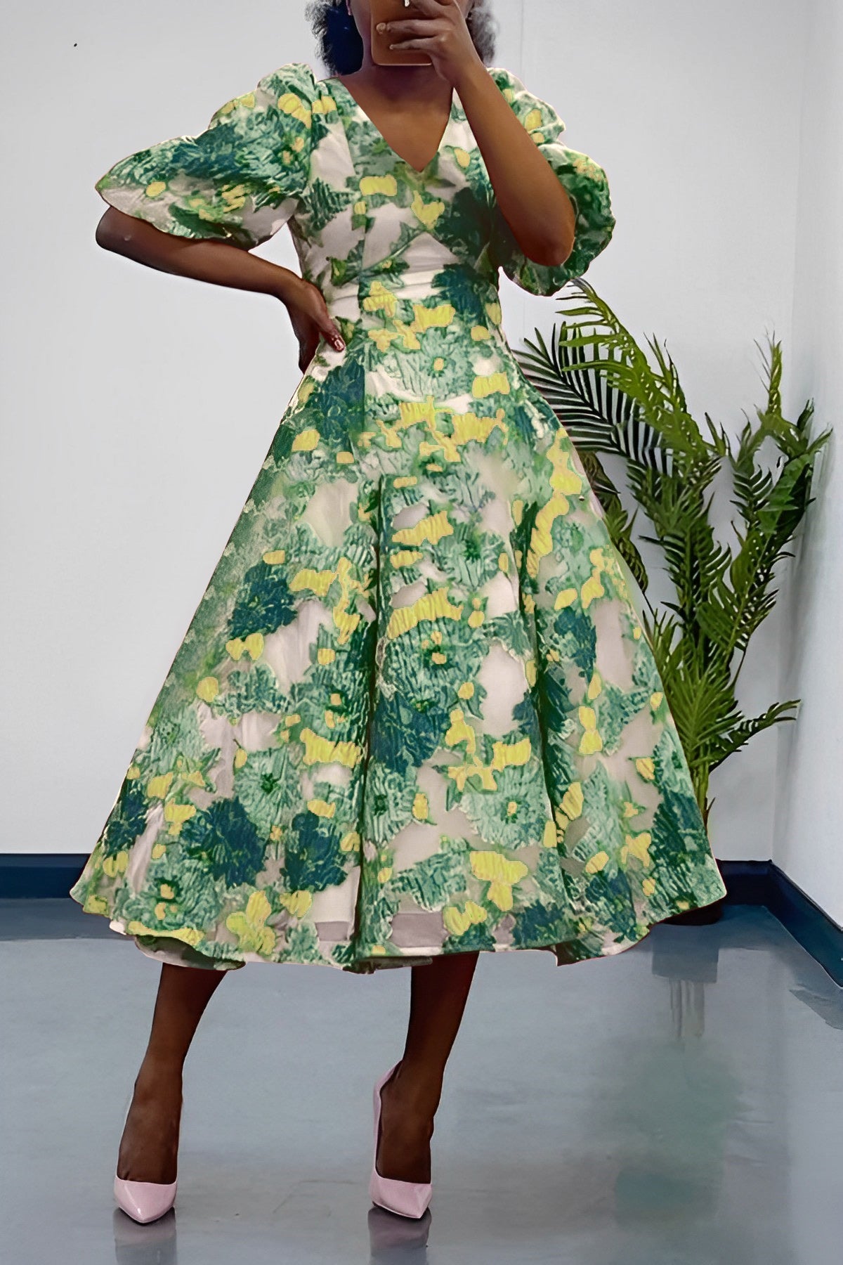 Stylish Puff Sleeve Botanical Print Dress