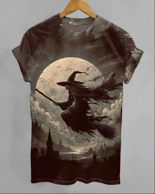 Halloween Full Moon Witch Print Crew Neck Casual T-Shirt