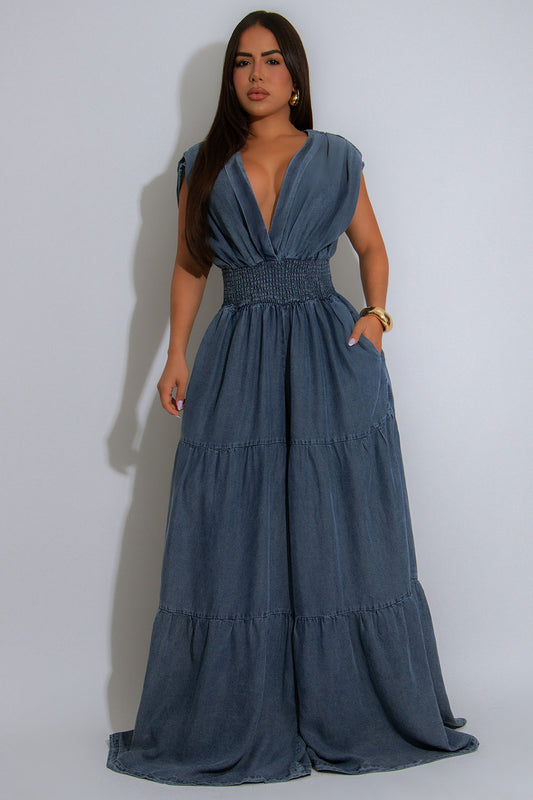 V Neck Sleeveless Cinched Quilted Denim Wide Leg Jumpsuit-Blue [Pre Order]