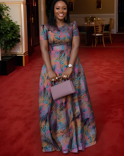 Women's Summer Elegant Gorgeous Printed Lace Round Neck Short Sleeve A-Line Maxi Dress