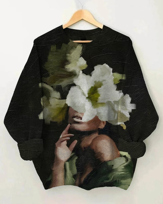 Black Woman Head Flowers Long Sleeve Sweatshirt