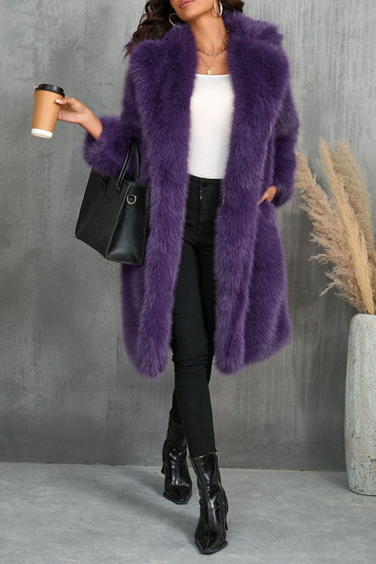 Notch Collar Long Sleeve Faux Fur Fuzzy Overcoat-Camel