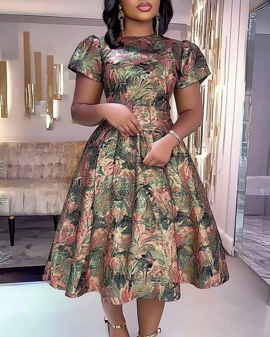 Women's Summer Elegant Round Neck Short Sleeve Pattern Midi Dress