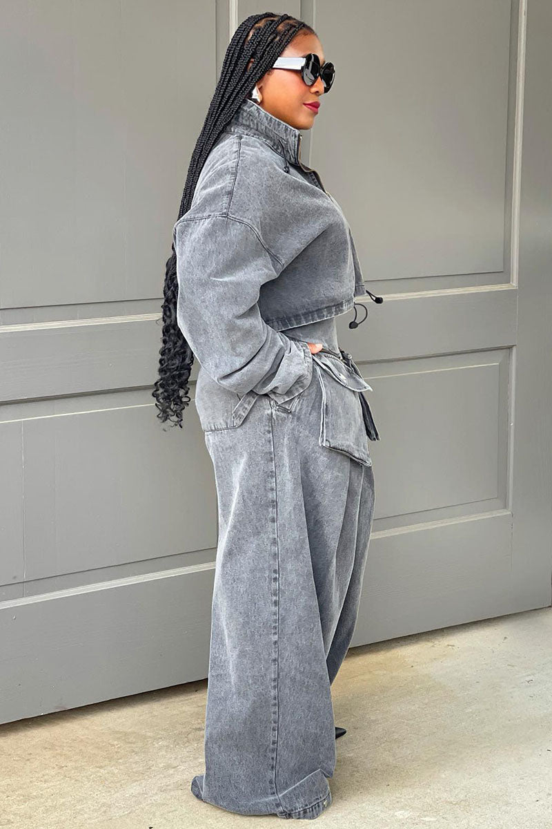 Denim Zip Long Sleeve Crop Jacket Pockets Wide Leg Pants Matching Set-Grey