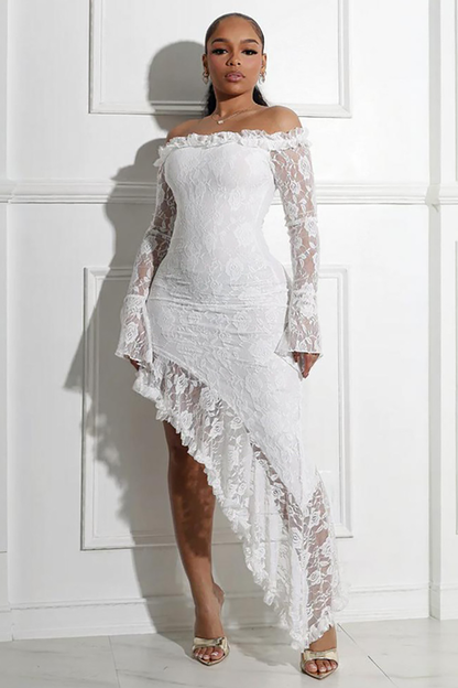 Off Shoulder Long Sleeve Floral Lace Bodycon Ruffled Slit Maxi Dresses-White