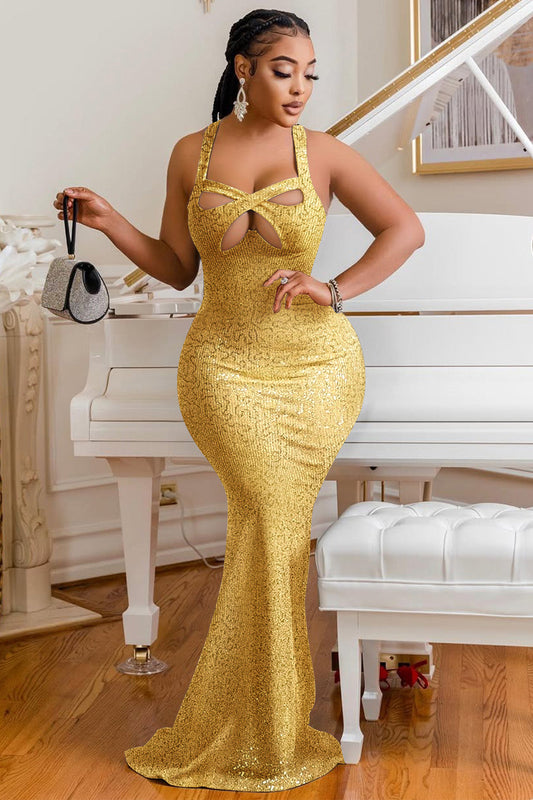 Sequin Straps Cutout Formal Party Maxi Fishtail Dresses-Gold [Pre Order]