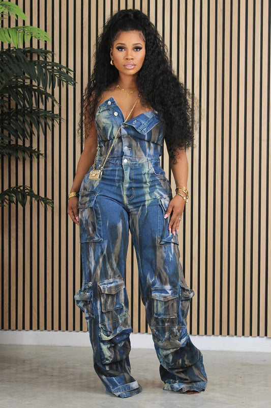 Pattern Print Button Up Strapless Pockets Straight Leg Denim Jumpsuit-Blue