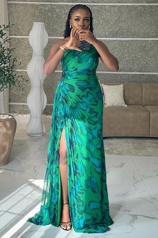 One Shoulder Ruched High Slit Print Party Maxi Dresses-Green [Pre Order]