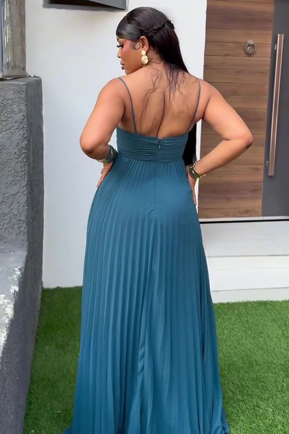 Wrinkle Low Back Cinch Waist Solid Party Slip Maxi Dresses-Teal [Pre Order]