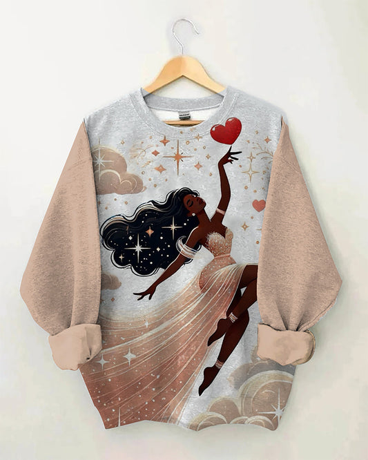 Love Art Beautiful Black Girl Printed Color Matching Long Sleeve Sweatshirt