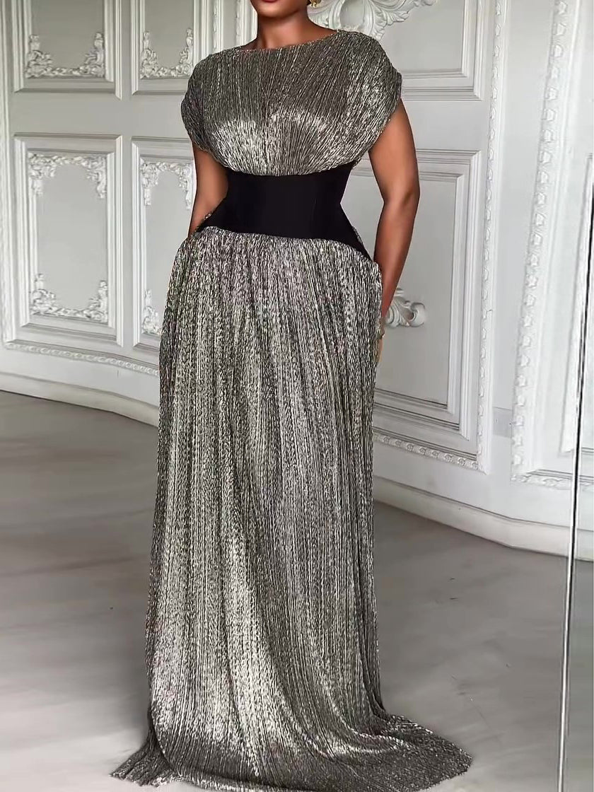 Elegant Shimmery Silver Maxi Dress With Contrast Waist