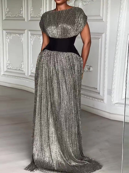 Elegant Shimmery Silver Maxi Dress With Contrast Waist