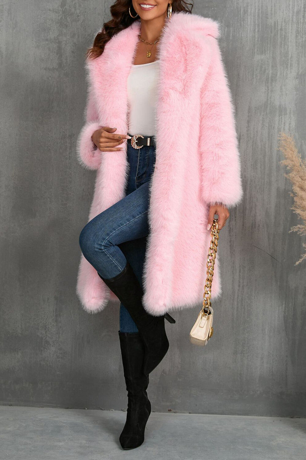 Notch Collar Long Sleeve Faux Fur Fuzzy Overcoat-Camel