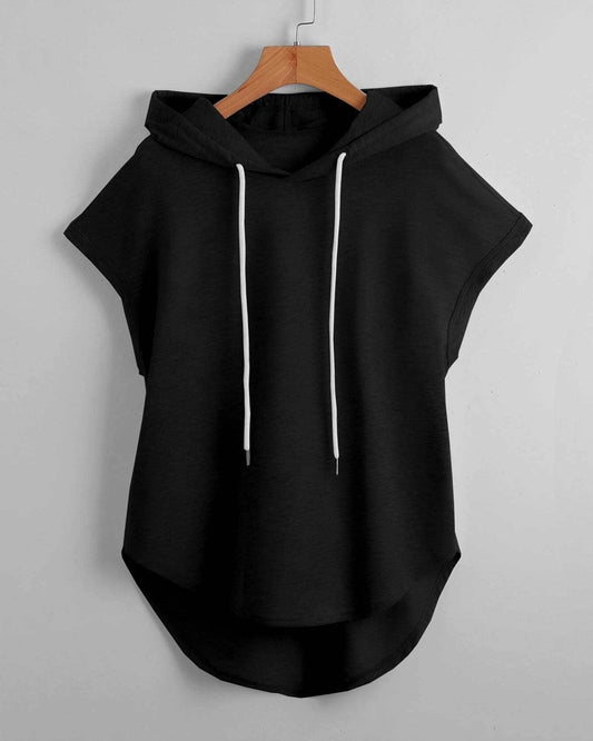 Pure Solid Color High Low Hem Drawstring Hooded Tee