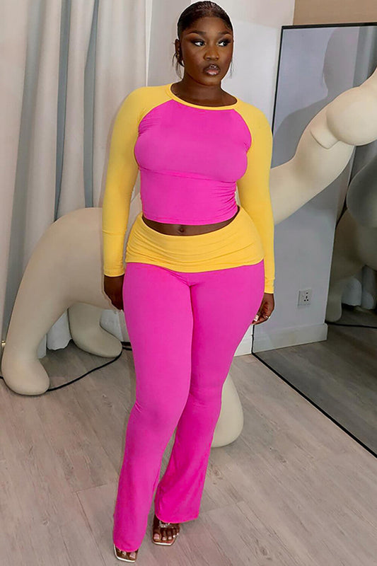 Colorblock Long Sleeve Round Neck Top Flared Pants Casual 2pcs Set-Fuchsia