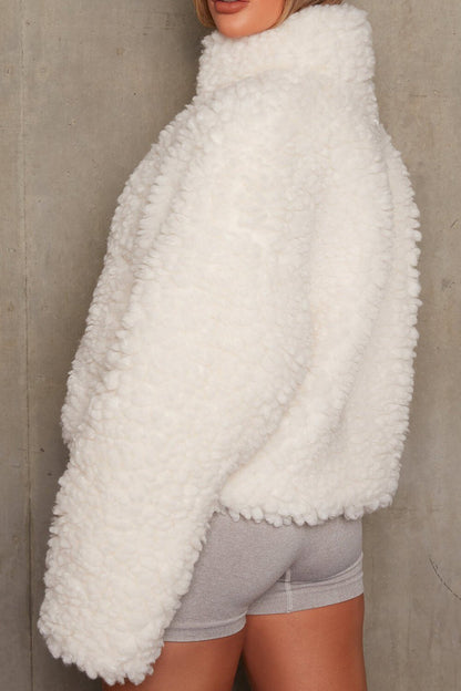 Zip-Up High Neck Long Sleeve Solid Color Fuzzy Coat-OffWhite