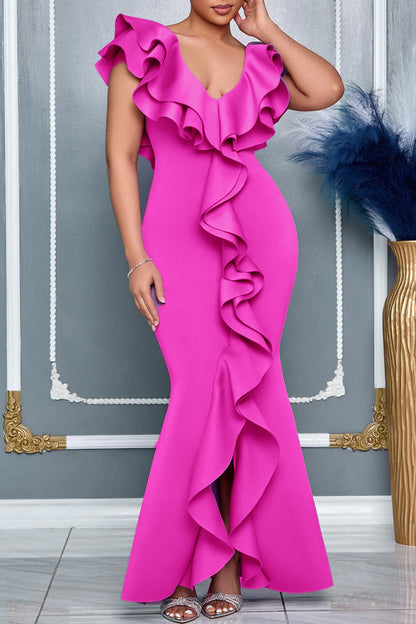 V Neckline Bodycon Fishtail Hem Ruffled Gowns Maxi Dresses-Green