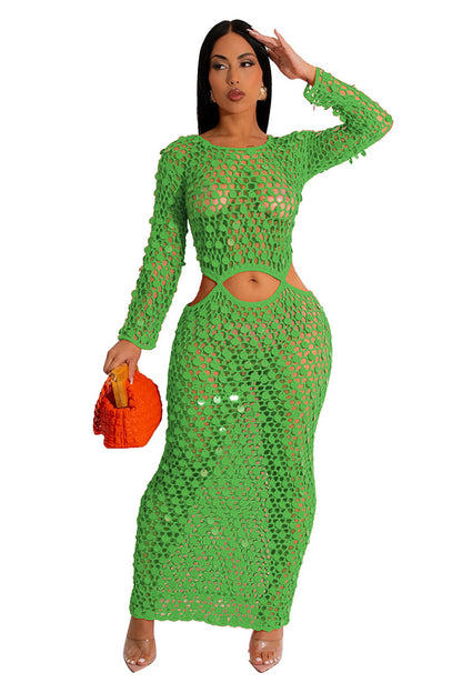 Crochet Sequins Cover Up Long Sleeve Cut Out Maxi Dresses