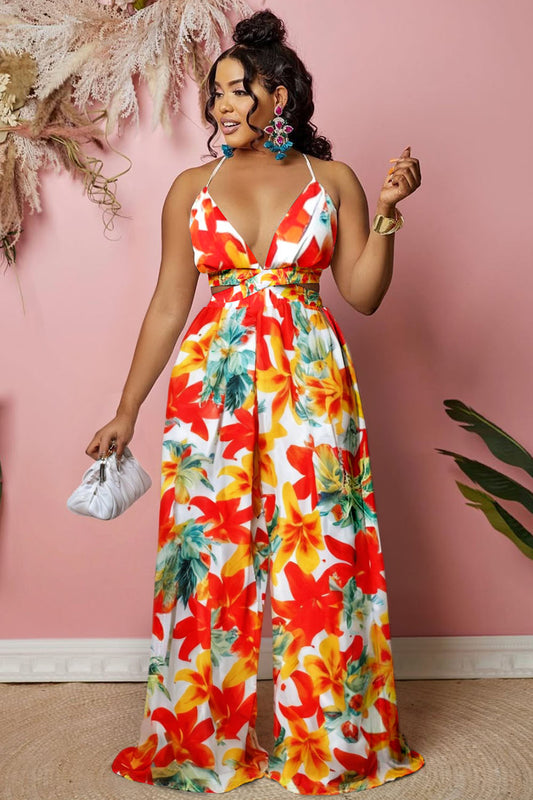V Neck Back Cross Cami Floral Print Vacay Wide Leg Jumpsuit-Red [Pre Order]