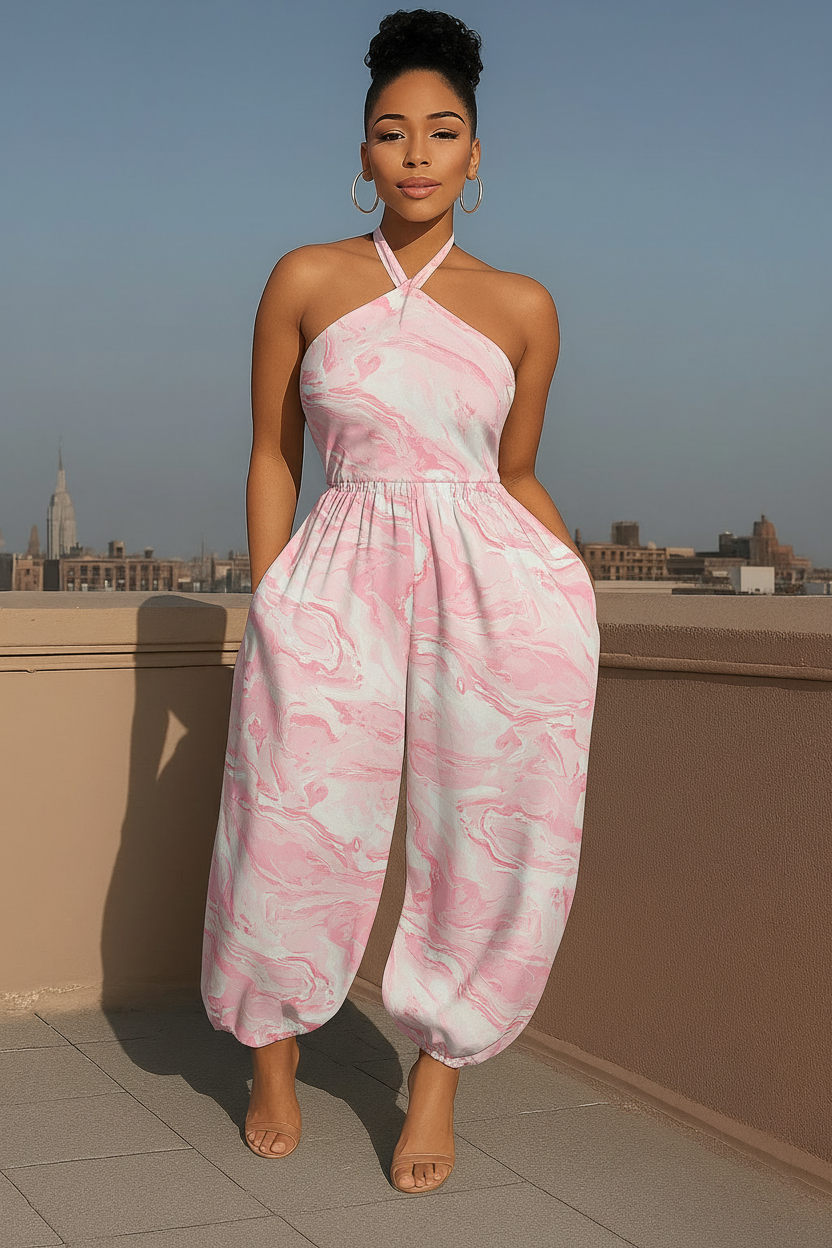 Pink White Marble Print Halter Neck Jumpsuit