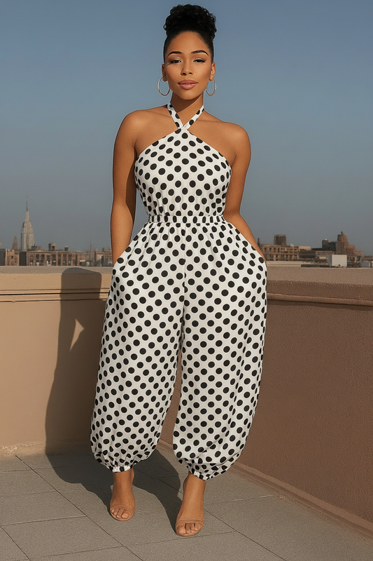 Classic Black White Polka Dot Halter Neck Jumpsuit