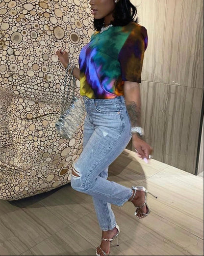 Women's Fashion T-Shirt Multicolor Tie-dye Short Sleeve T-Shirt