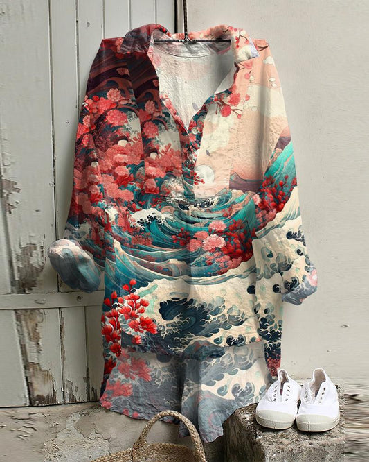 Casual Waves Floral Painting Art Printed Casual Tunic