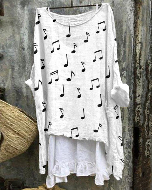 Musical Notes Pattern Linen Blend Flowy Tunic