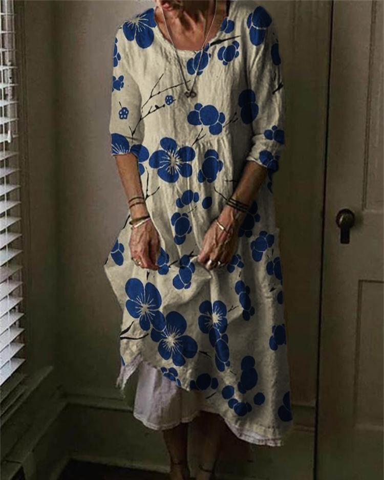 Cherry Blossom Japanese Lino Art Linen Blend Maxi Dress