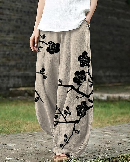 Ink Peach Blossom Print Loose Casual Pants